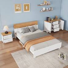 Sweiko Sweiko Complete slaapkamerset, 3-delig. Modern tweepersoonsbed + nachtkastje + ladekast, tweepersoonsbed 160x200cm met middenvoet, nachtkastje met 2 lades, ladekast met 3 lades en 2 deuren, wit + naturel