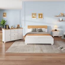 Sweiko Sweiko Complete slaapkamerset, 3-delig. Modern tweepersoonsbed + nachtkastje + ladekast, tweepersoonsbed 160x200cm met middenvoet, nachtkastje met 2 lades, ladekast met 3 lades en 2 deuren, wit + naturel