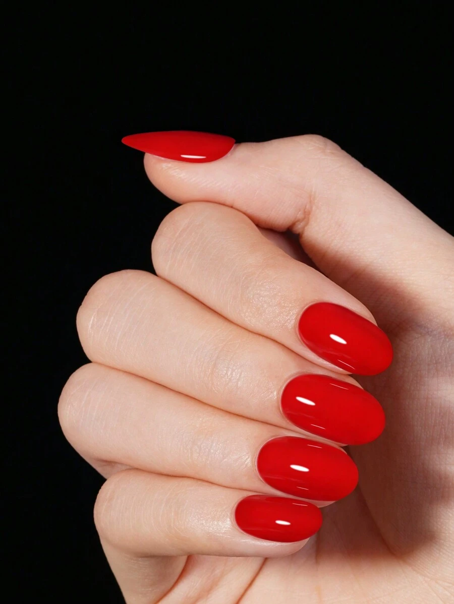 24入組短棺形、短方形、短橢圓形膠片指甲，共12個不同尺寸大小的大紅色假指甲，適用於家居DIY指甲藝術裝飾壓克力指甲供應 - 紅色 - 查看 1