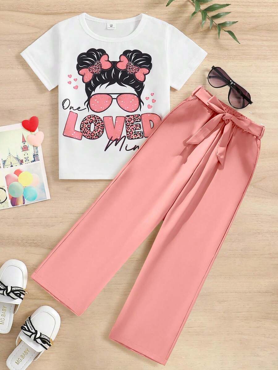Young Girl Summer Fashion Cool Young Girl Cartoon & Letter Printed Round Neck Short Sleeve T-Shirt, Children's Elegant & Casual Outfit With Pants - Pink - View 1