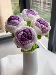 Crochet Flowers, 6PCS Fake Rose Artificial Flowers Handmade Knitted Rose Bouquet Crochet Flower Bouquet Table Centerpieces Valentine'S Day Gift For Women