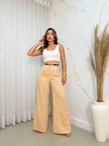 IN FASHION feminina pantalona listra com cinto alfaiataria - Caqui - Visão 3
