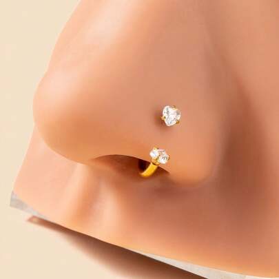 1pc Fashionable Gold Bar Nose Ring, Inlaid Cubic Zirconia Heart Design - Double Ended C-Shape Earring - Low Allergy Nose Jewelry, Elegant Gift For Women, Valentine's Day, Mother's Day