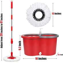 Spin Mop And Bucket With Wringer Set, 360° Swivel Mop And Bucket With Wringer Set And 3 Microfiber Mop Refills, 61'' Stainless Steel Extended Handle, For All Floor Types, Suitable For Home Cleaning - Đỏ - Xem 2
