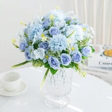1PC/3PCS Artificial Flowers Silk Hydrangea Bouquets Fake Tea Roses For Autumn Wedding Vase For Home Dining Room Bedroom Decorations, Festival Birthday Party Accessories, Outdoor Garden Decorations, Valentine Day, Gift Home Decor Christmas Decorations Christmas - Blue - View 6
