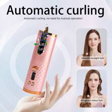 自动卷发棒，无线自动卷发器，陶瓷旋转卷发棒，6档温度设置带定时功能，便携式可充电卷发棒，自动断电，快速加热造型 - 粉色 - 查看 5