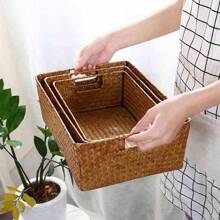 1pc Nordic Style Seagrass Woven Storage Basket, Handmade Creative Storage Tray With Handles, Multi-Functional Desktop Drawer Grocery Cosmetics Organizer, Office Desktop Storage Basket, Bathroom Bedroom Living Room Dormitory Storage Basket, Home Organization And Storage Supplies, Home Decoration, Room Decoration, Woven Storage Basket, Hand-Woven Storage Box, Desktop Grocery Storage Box, Snack Storage Plate, Jewelry Organizer, Living Room Plant Storage Basket, Kitchen, Bedroom, Bathroom, Wardrobe, Game Room Classification Storage Bathroom Cosmetic Storage Box. Household Organization And Storage Supplies, Office Desk Organizer.