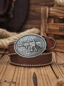 1pc Men's Western Machine Gun Style PU Leather Belt (With Puncher Gift) - Machine Gun - View 2