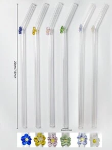 Set (4 Straws + 1 Brush) Reusable Glass Straws Cute Colorful Flower Glass Straws, Colorful Floral Design Heat-Resistant Glass Straw, Washable Reusable Fruit Drinking Smoothies, Milkshakes, Juices, Teas,Kitchen,Christmas Gift,School Supplies