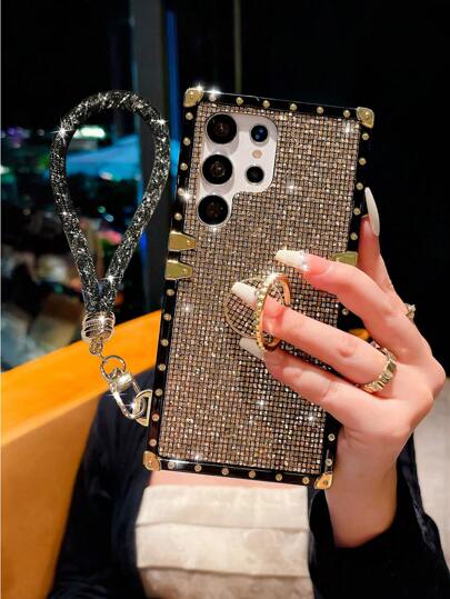 1 pieza Funda de teléfono con patrón de brillo dorado, soporte y correa, compatible con Apple 17 Pro Max/17 Air/16/16 Plus/16 Pro/16 Pro Max/7P/8 Plus/XR/XS Max/11 Pro Max/12 Pro/12 Pro Max/13 Pro Max/14/14 Plus/14 Pro Max/15/15 Plus/15 Pro Max y Galaxy S25 FE/A17/A07, Y36 5G, Note 12/HOT40/Note 30, Spark20 Pro, Smart5, Smart8