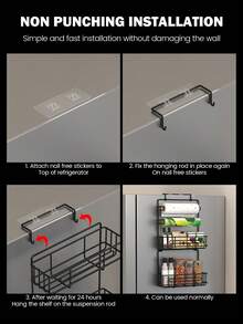 1入組冰箱收納架— 多功能設計，堅固金屬結構，並有香料架功能，可節省空間、方便漂亮的收納解決方案 — 為優化冰箱組織的必要廚房用品 - 黑色 - 查看 6