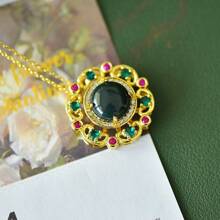 1pc Natural Black Gemstone Necklace Set Pendant, Black Gemstone Gold-Plated Inlay, Gold Jade Fashion Jewelry, Fashion Jewelry, Women's Necklace Jewelry, Gem Necklace, Holiday Gift, Gift For Her. - G - View 4