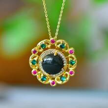 1pc Natural Black Gemstone Necklace Set Pendant, Black Gemstone Gold-Plated Inlay, Gold Jade Fashion Jewelry, Fashion Jewelry, Women's Necklace Jewelry, Gem Necklace, Holiday Gift, Gift For Her. - G - View 3