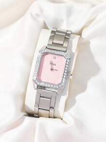 Disu Classic Simple Pink Business Women's Stainless Steel Quartz Watch With Rhinestone Strap As A Gift For Students Returning To School - Pink - View 1