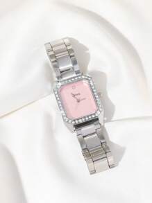 Disu Classic Simple Pink Business Women's Stainless Steel Quartz Watch With Rhinestone Strap As A Gift For Students Returning To School - Pink - View 2
