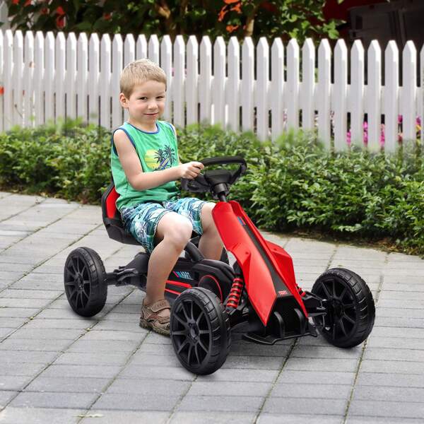 HOMCOM Gokart, Kinderfahrzeug mit verstellbarem Sitz, Tretfahrzeug, Tretauto mit Handbremse, Kinderspielzeug, Kettcar für Kinder im Alter von 3-8 Jahren, Outdoor, Blau/Rot