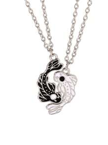 2pcs Black & White Tai Chi Fish Design Pendant Necklace, Best Friends Couple Gift - Black and White - View 4