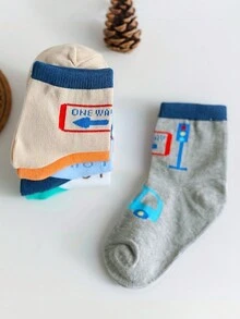 5 Pares de calcetines para niños con patrón de semáforo impreso con dibujos animados, adecuados para todas las estaciones, calcetines atléticos de unicolor para niños pequeños para estudiantes - Multicolor - Ver 4