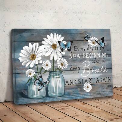 1PC Daisy Flowers Picture For Bathroom Decor Blue Country Butterfly Floral Canvas Painting Quote Inspirational Wall Art Still Life Farmhouse Home Bedroom Wall Decor Ready To Hang,Poster Gifts Birthday Graduation Coastal Decor Coastal Decor Beach Decor