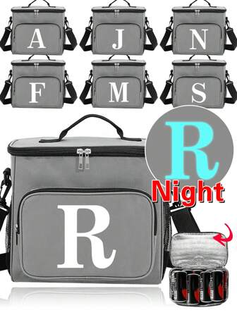 1 peça Bolsa de almoço transversal noctilucente branca com iniciais de A a Z, estampa de letras de grande capacidade, à prova d'água, para homens, bolsa térmica para estudantes, com bolsos laterais, bolsa transversal, bolsa de ombro portátil, bolsa de lona para alimentos, organizadora de alimentos, bolsa escolar feminina, bolsa de ombro com isolamento térmico, bolsa de piquenique, bolsa de geladeira, lancheira isolante para escritório, para mulheres, para mulheres, para mulheres, para acessórios escolares, bolsa para escola, acessórios escolares, material escolar