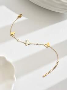 1入時尚白色貝殼蝴蝶鑲嵌鑽石不鏽鋼手鏈，優雅甜美的慶祝和節日配飾，女性必備 - 金黃色 - 查看 6