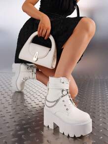 Gothic Women Ankle Boots Platform Chunky High Heel Chain Decor Knight Punk Motorcycle Design Fashion Short Boots - 白色 - 查看 3