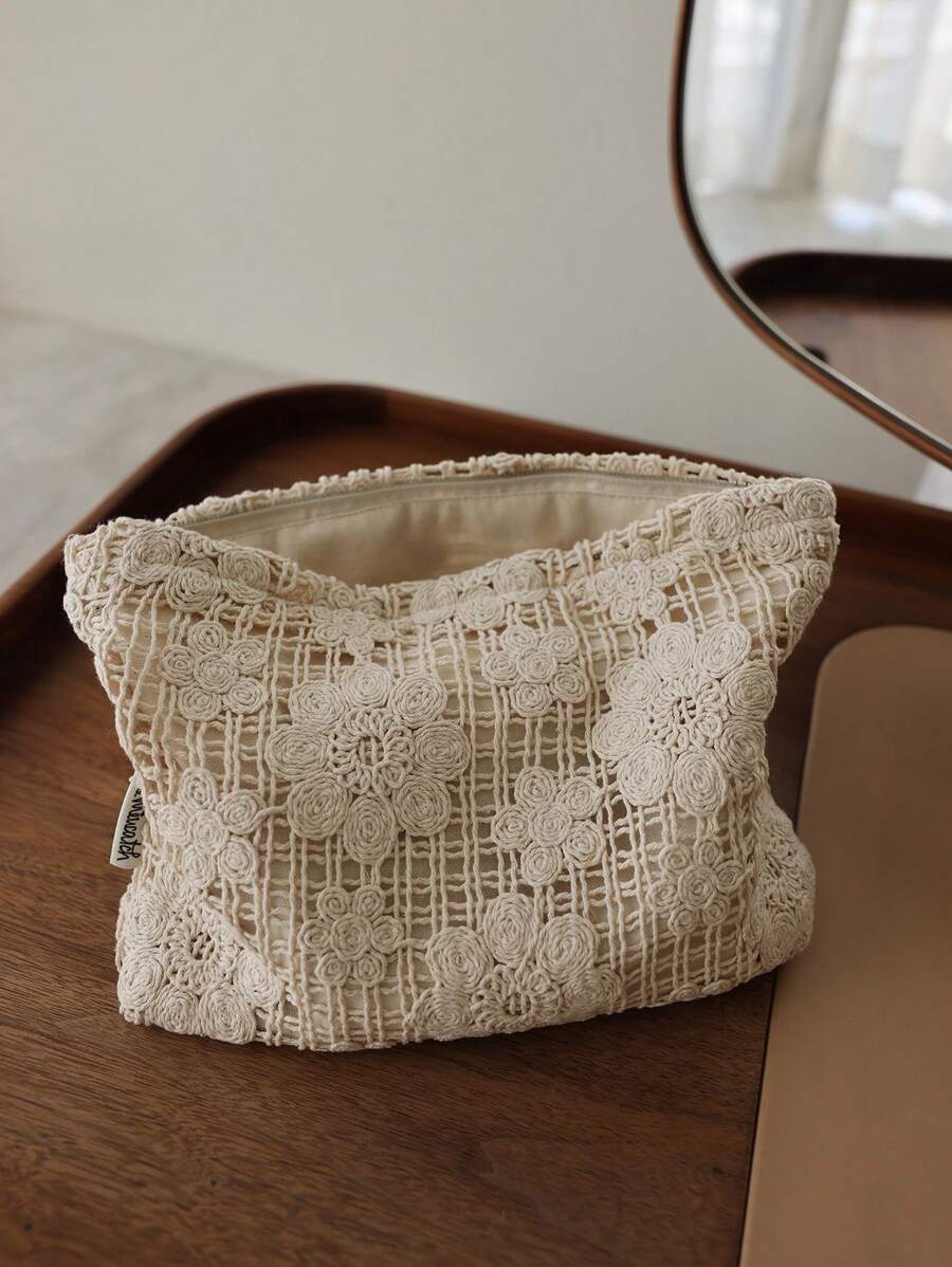 miucatch 刺绣花朵纯色面料化妆包，帆布编织优雅时尚收纳手拿包化妆品收纳袋化妆品收纳包迷你包旅行小化妆盒配件化妆架刷子包化妆品容器化妆包旅行必需品女士配件旅行用品化妆包化妆包化妆包化妆包 - 米色 - 查看 1