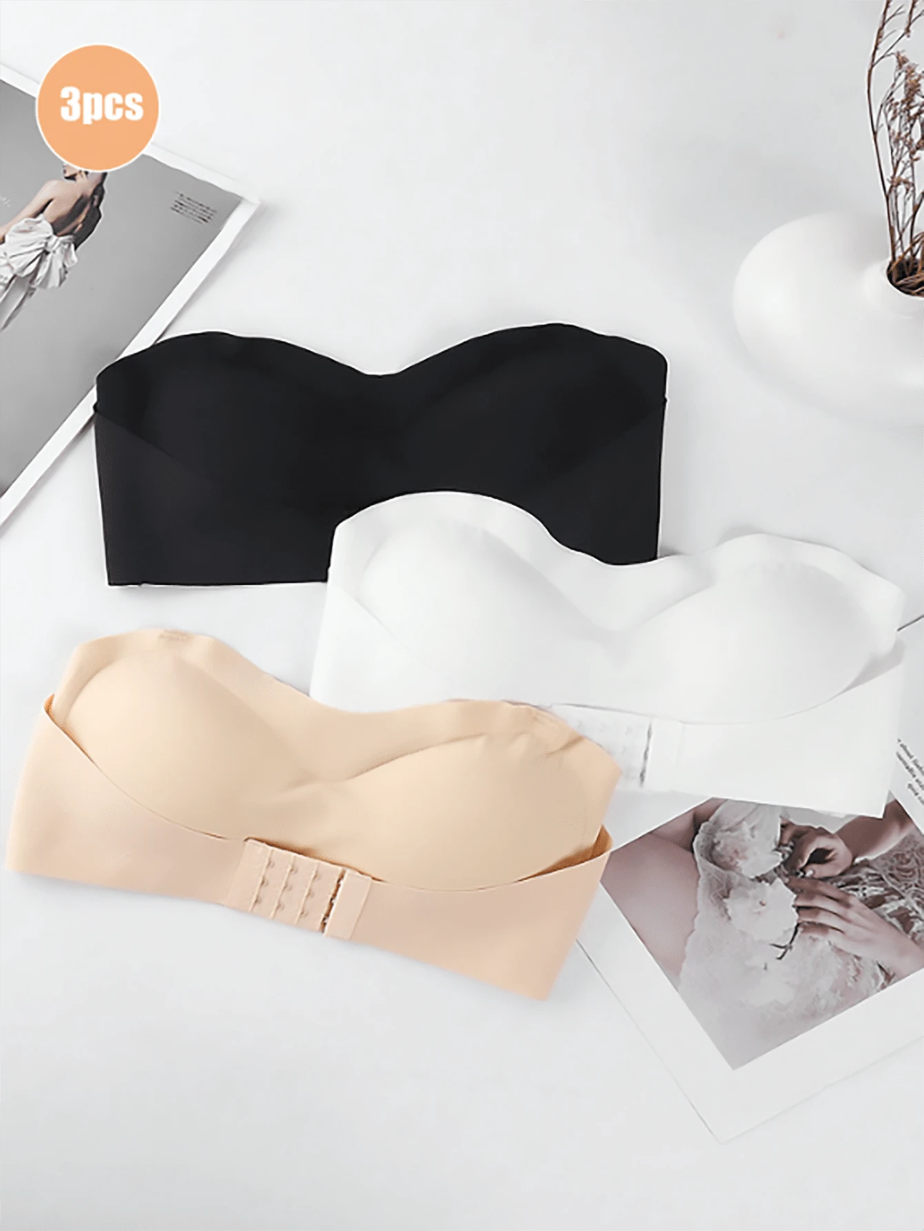 3 szt. Zestaw biustonoszy damskich bez ramiączek, biustonosz push-up i antypoślizgowy, bezszwowy, owinięty w klatkę piersiową i biustonosz z niewidocznymi plecami, bielizna - Wielokolorowe - Zobacz 1