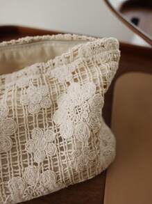 miucatch 刺绣花朵纯色面料化妆包，帆布编织优雅时尚收纳手拿包化妆品收纳袋化妆品收纳包迷你包旅行小化妆盒配件化妆架刷子包化妆品容器化妆包旅行必需品女士配件旅行用品化妆包化妆包化妆包化妆包 - 米色 - 查看 6