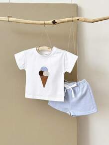 Conjunto de 2 piezas de camiseta de manga corta y pantalones cortos transpirables de parche de helado para niños y niñas, casual, de verano