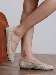 Fall/Winter Women's Mesh Flat Shoes With Apricot Rhinestone, Breathable Fishnet Mesh Material, Light And Breathable, White Rhinestones For Shimmering Look, Breathable And Anti-Slip, Incredibly Comfortable, Simple Style, Suitable For Spring/Summer Outfits, Parties, Shopping, Festivals, Daily Wear, Activities, Elegant, Parties, Celebrations, Flat Shoes, Ballet Shoes, Fishnet Shoes - Apricot - View 3