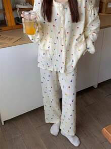 2pcs Set Women's Apricot Ditsy Floral Lace Trim Loose Fit Short Pajamas Sleepwear For Home Use, Women's Long Sleeve Pajamas, Suitable For Spring And Autumn Wear, Two Pieces Set - Apricot - View 5