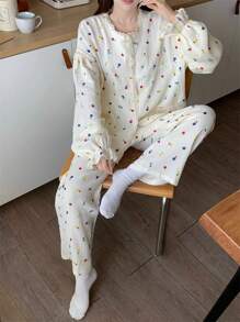 2pcs Set Women's Apricot Ditsy Floral Lace Trim Loose Fit Short Pajamas Sleepwear For Home Use, Women's Long Sleeve Pajamas, Suitable For Spring And Autumn Wear, Two Pieces Set - Apricot - View 3