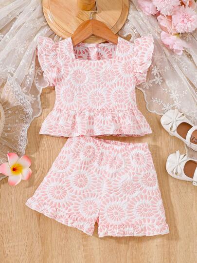 2pcs Baby Girls Floral Print Ruffle Collar Puff Sleeve Top And Shorts Set, Suitable For Spring/Summer Outdoor
