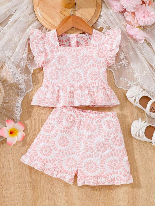 Conjunto de blusa e calça com estampa floral e gola quadrada para bebês meninas