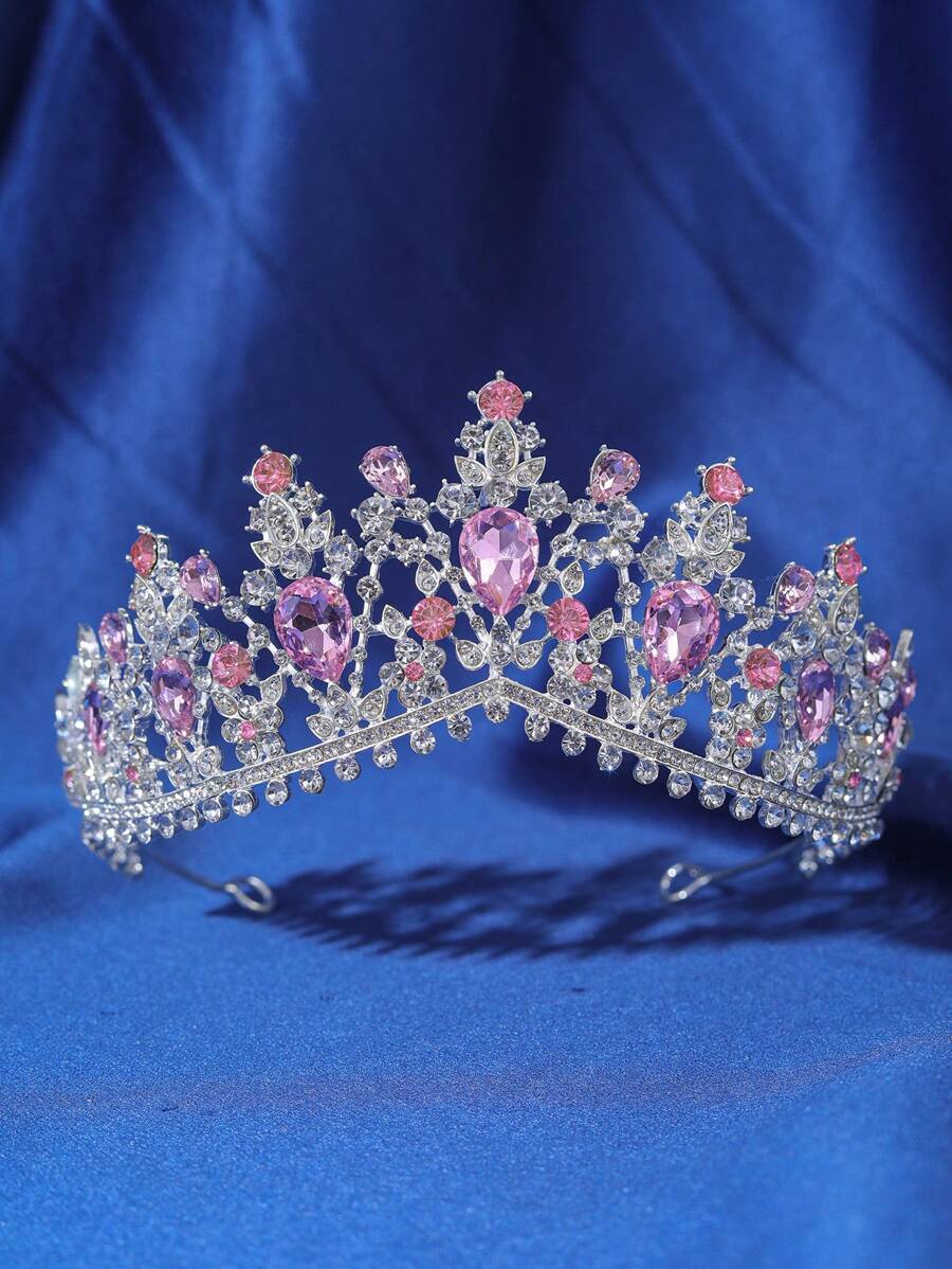1件优雅奢华巴洛克水钻皇冠，新娘婚礼发饰，浪漫公主表演头饰，派对舞会活动皇冠，情人节配饰 - 淺粉色 - 查看 1