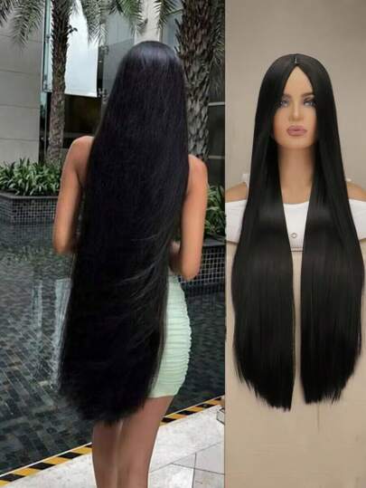 Pelucas negras extra largas de 40 \"\" 100 cm para mujeres, peluca de cabello liso natural para fiesta de Halloween