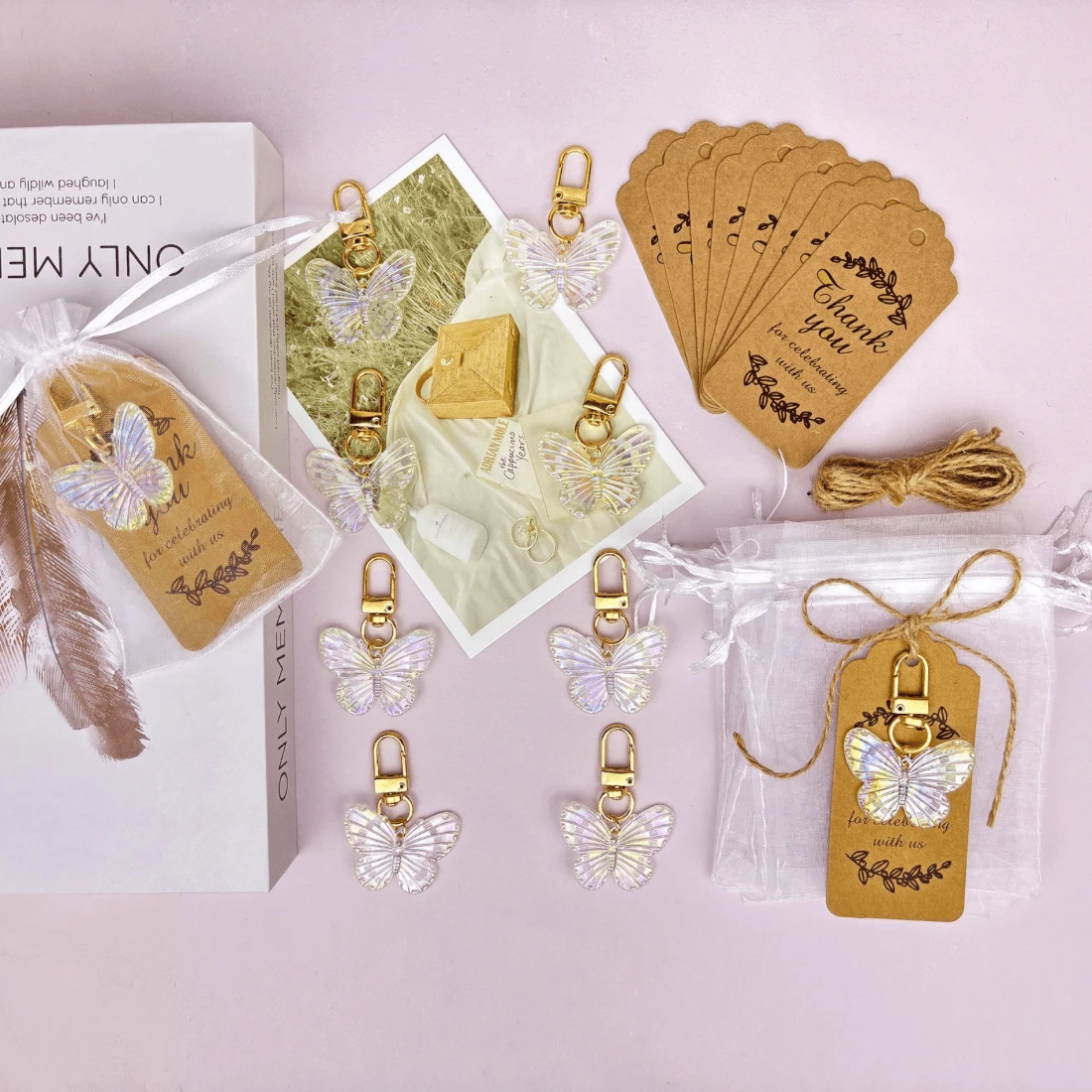 10 Sets Acrylic White Butterfly Keychain, Including Butterfly Keyring, White Organza Bag, Thank You Card, Kraft Tag, Suitable As Party Supplies, School Rewards, Birthday Gifts, Wedding Gifts And Couple Gifts, School Supplies - White - View 1