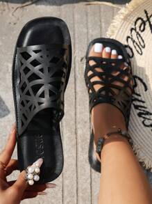 2024 Spring/Summer New Arrival Comfortable Flat Hollow Out Square Toe Slip-On Plus Size Lightweight Sandals For Women - Black - View 1