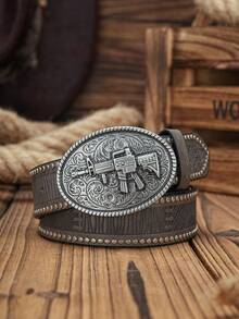 1pc Men's Western Machine Gun Style PU Leather Belt (With Puncher Gift) - Machine Gun - View 8