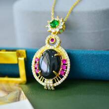 1pc Natural Black Gemstone Necklace Set Pendant, Black Gemstone Gold-Plated Inlay, Gold Jade Fashion Jewelry, Fashion Jewelry, Women's Necklace Jewelry, Gem Necklace, Holiday Gift, Gift For Her. - R4 - View 4