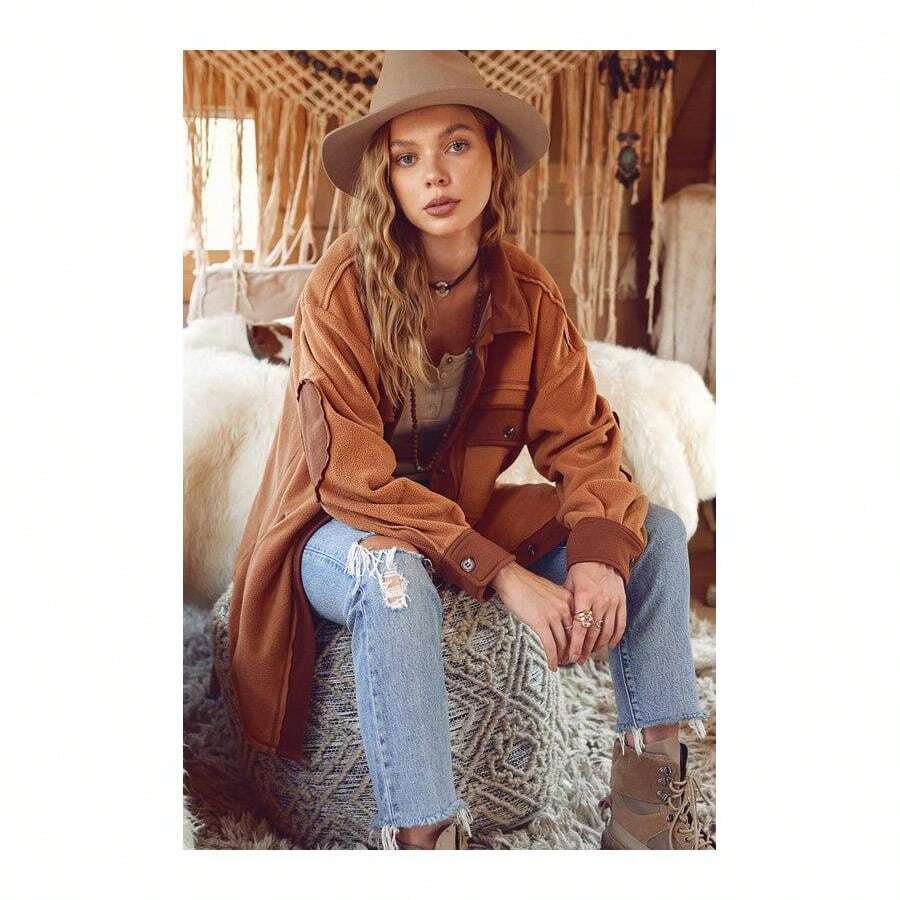 Oversized Button Front Fleece Jacket Shirt - 鏽棕色 - 查看 1