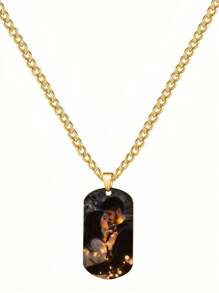 Customized Color Engraved Dog Tag Necklace For Men, Stainless Steel 5mm Chain Pendant, Personalized Memorial Photo Couple Couple Wedding Anniversary Jewelry Gift, Ideal Birthday Present For Children - Gold - View 2