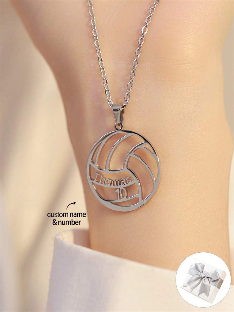 1 件定制排球形铭牌项链，个性化运动名称和号码项链，运动赛事名称项链，送给她、朋友、周年纪念日、生日、圣诞节、派对的礼物 - 銀色 - 查看 1