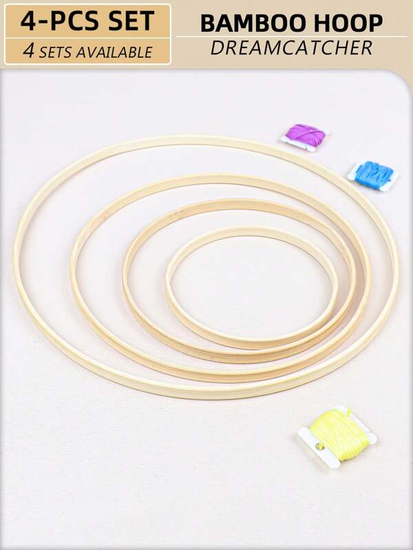 4 Stück beige Traumfänger Feder Dekoration, Outdoor Rasen Hochzeit Hängedekoration, Schlafzimmer Wanddekoration Bamboo Ring, Windspiel Mori Stil innerer Ring, Urlaubsgeschenk geflochtener Rahmen, DIY Kreuzstich Bambus Stickrahmen, runder Bambus Stickrahmen