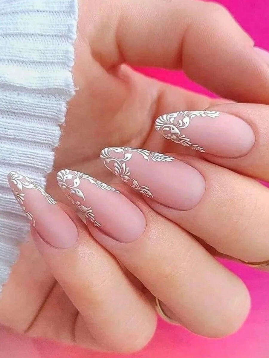 24入長杏仁形尖頭假指甲，法式粉底白紋設計，可拆卸重複使用，適合女性日常美甲使用 - 彩色 - 查看 1