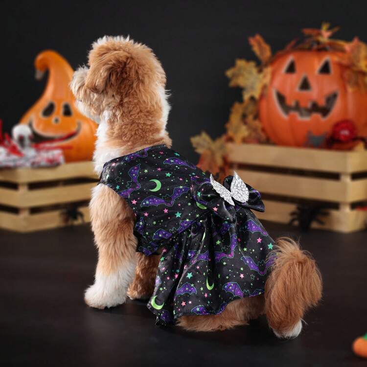 1pc Halloween Dress Up Dog Dress Black Printed With Bats Stars Moon Bow Pet Clothes Suitable For Small And Medium Sized Dogs