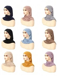 1入組新款穆斯林女士純色包頭巾水晶麻帽，單層十字花紋頭巾帽 - A - 查看 11