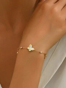 1入時尚白色貝殼蝴蝶鑲嵌鑽石不鏽鋼手鏈，優雅甜美的慶祝和節日配飾，女性必備 - 金黃色 - 查看 2