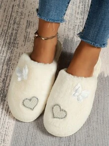Elegante Perlen & Strass Plüsch Hausschuhe für Frauen, Schmetterling Dekor, flache leise Pelz Slides, Neu 2024 Herbst/Winter